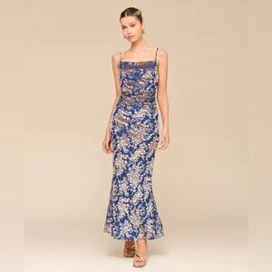 Avec Les Filles Women's Shirred Burnout Blue/Gold Floral Slip Dress